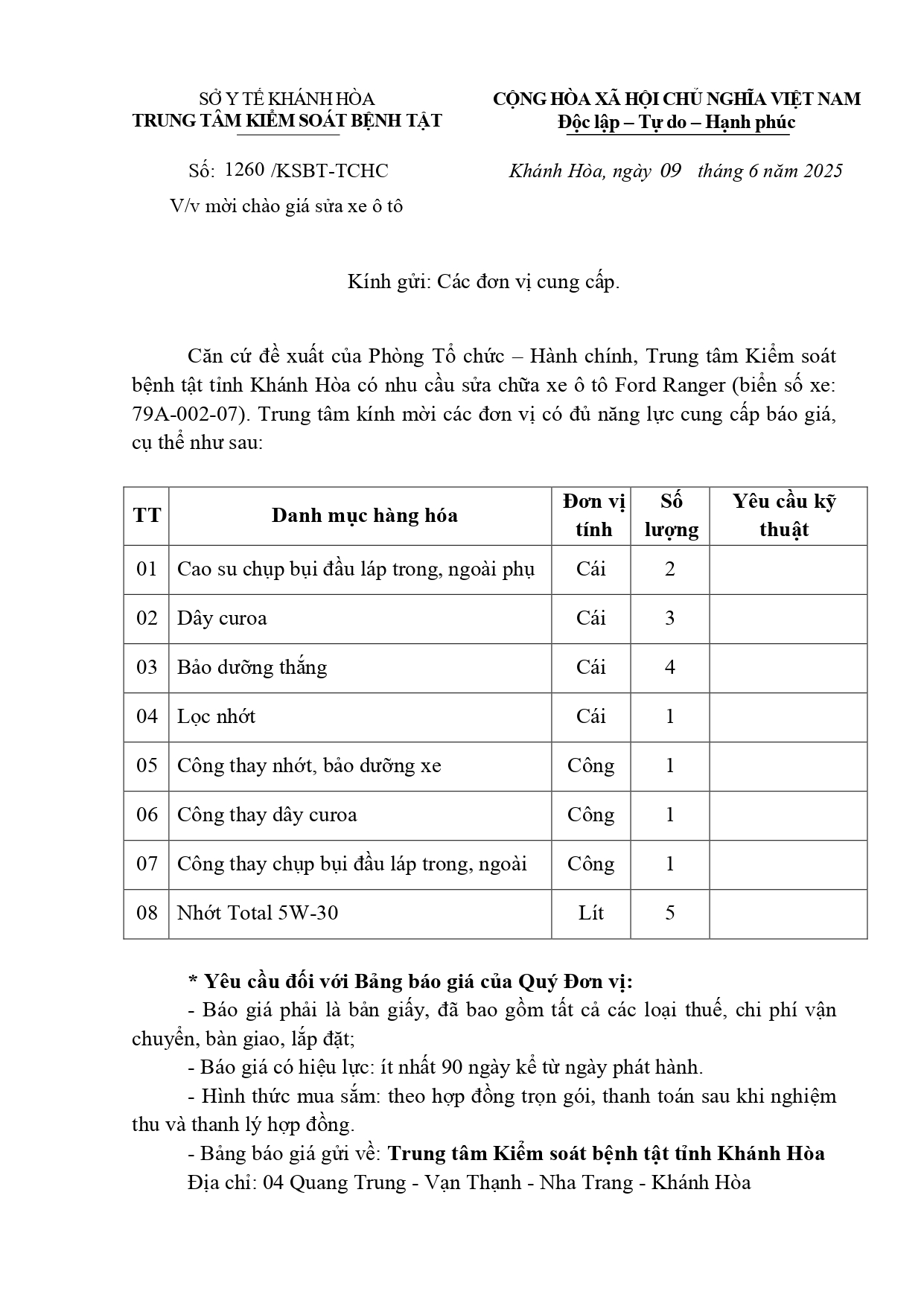 V/v mời chào giá sửa xe ô tô